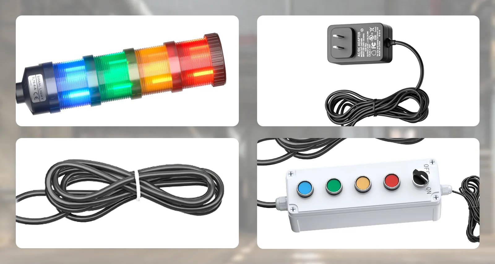 QTEATAK andon tower light kit components including tower light, power adapter, signal cable and control box