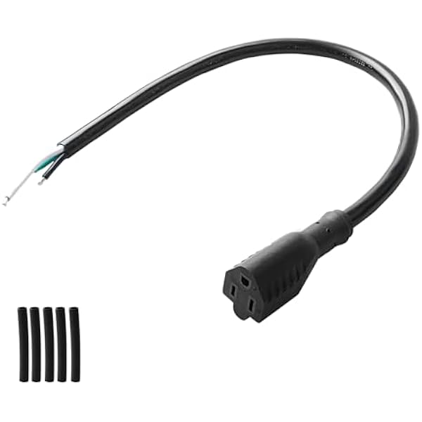 QTEATAK 50cm Female Connector Extension Cord – 125V 15A 2-Pole 3-Wire Straight Blade Outlet with AWG12 Cable, Includes 5 Heat Shrink Tubes