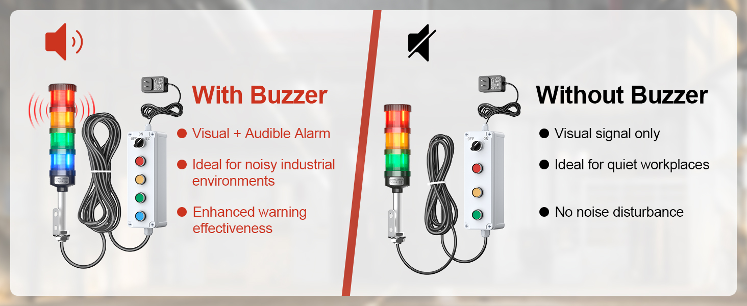 Industrial andon tower light kit buzzer and visual-only configuration comparison for machine warning applications