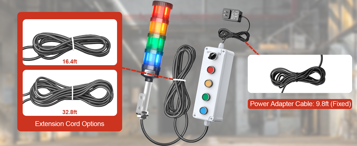 Industrial andon tower light kit cable controller and power adapter details for automation equipment installation