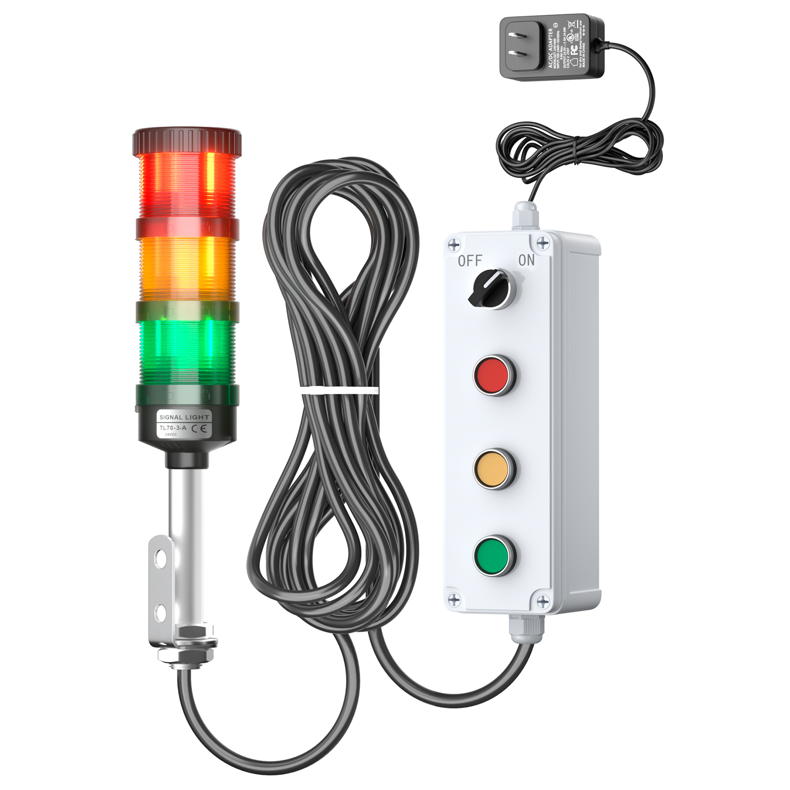 Industrial andon tower light kit with 3-color signal modules, 10m cable and visual-only indication for flexible machine mounting