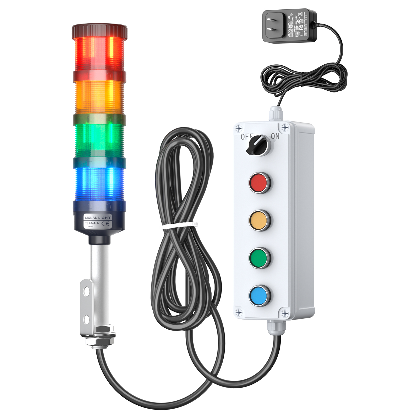 Industrial andon tower light kit with 4-color signal modules, 5m cable and visual-only indication for process alerts