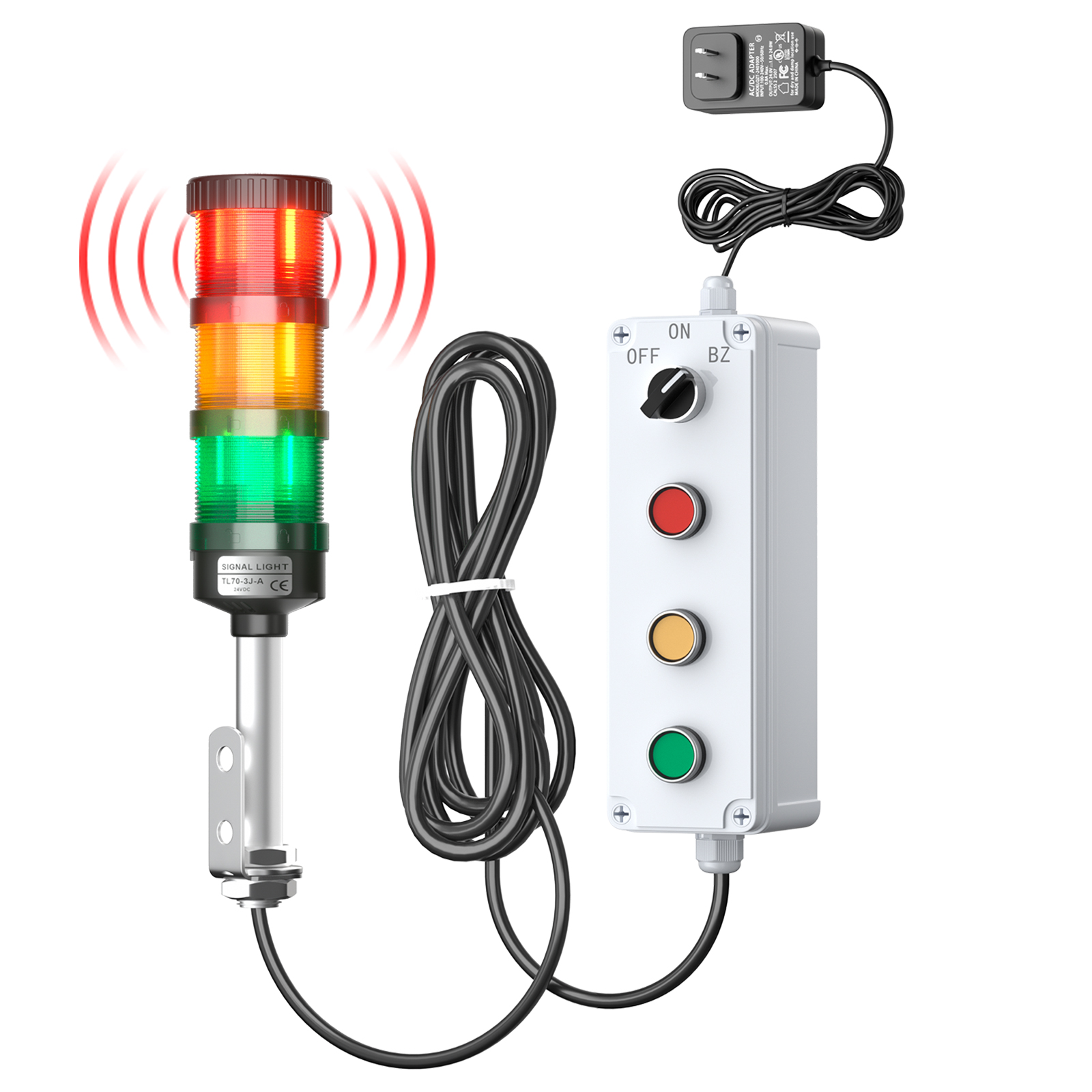 Industrial andon tower light kit with 3-color signal modules, 5m cable and buzzer for machine status indication