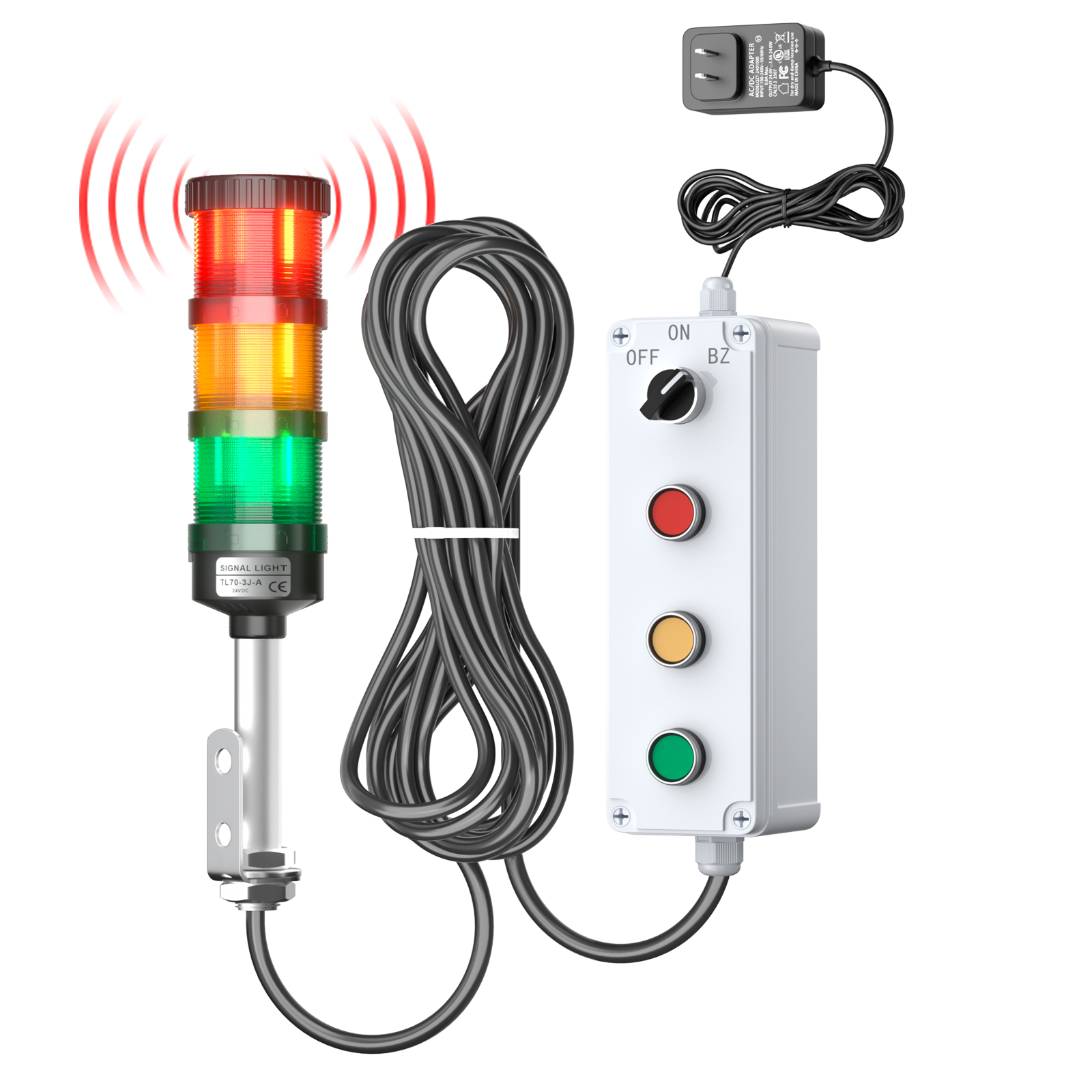 Industrial andon tower light kit with 3-color signal modules, 10m cable and buzzer for machines farther from the control point