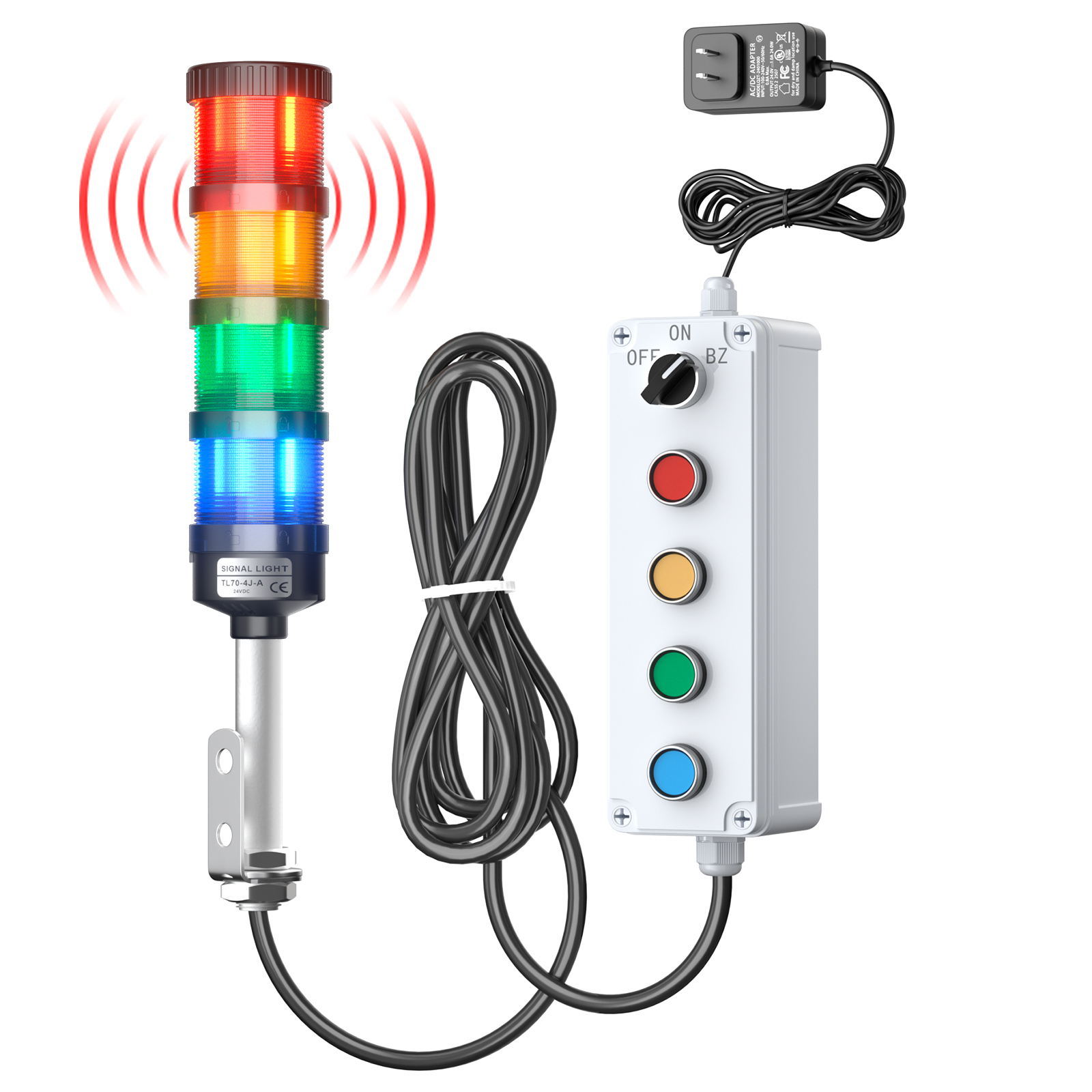 Industrial andon tower light kit with 4-color signal modules, 5m cable and buzzer for busy production areas