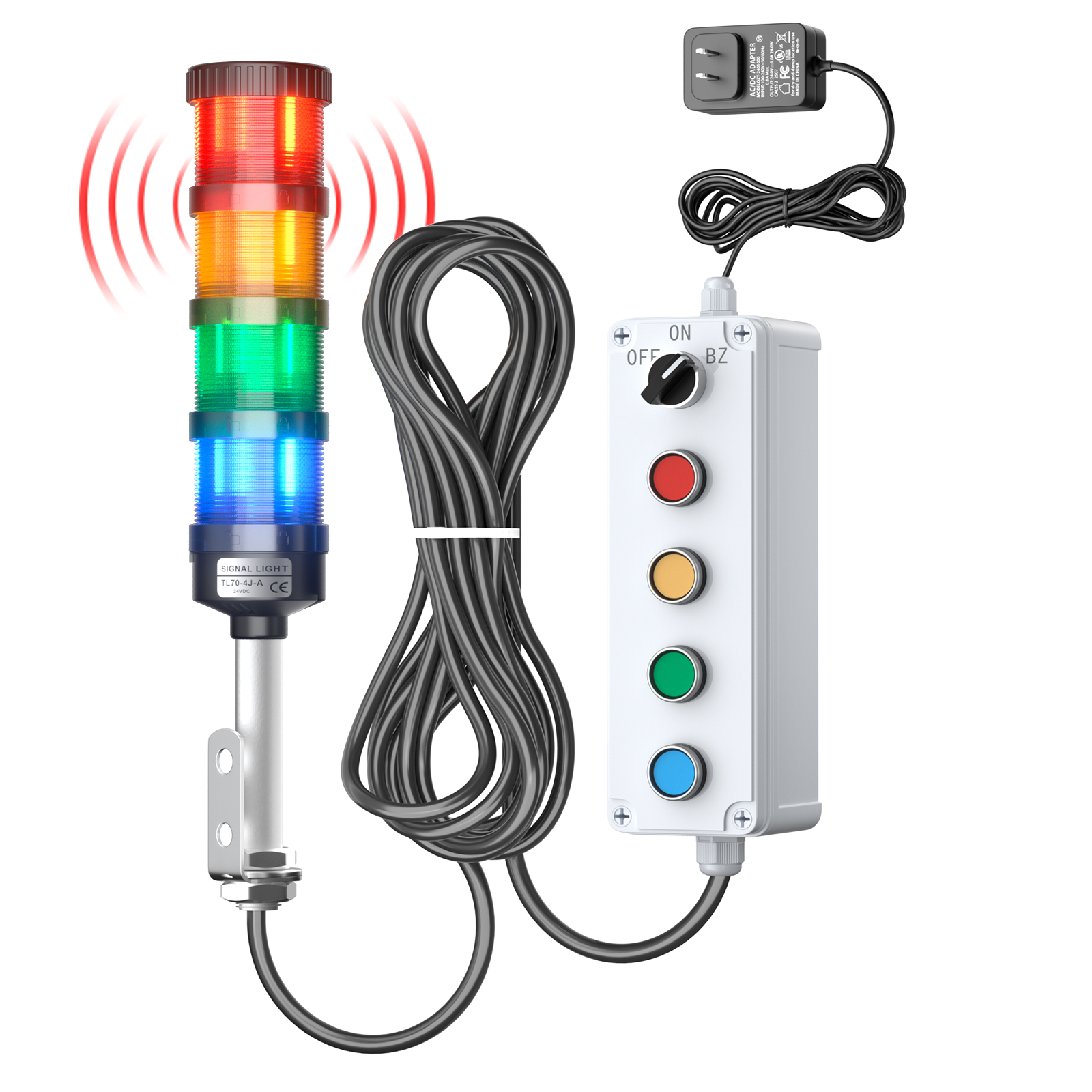 Industrial andon tower light kit with 4-color signal modules, 10m cable and buzzer for larger machines or remote control boxes